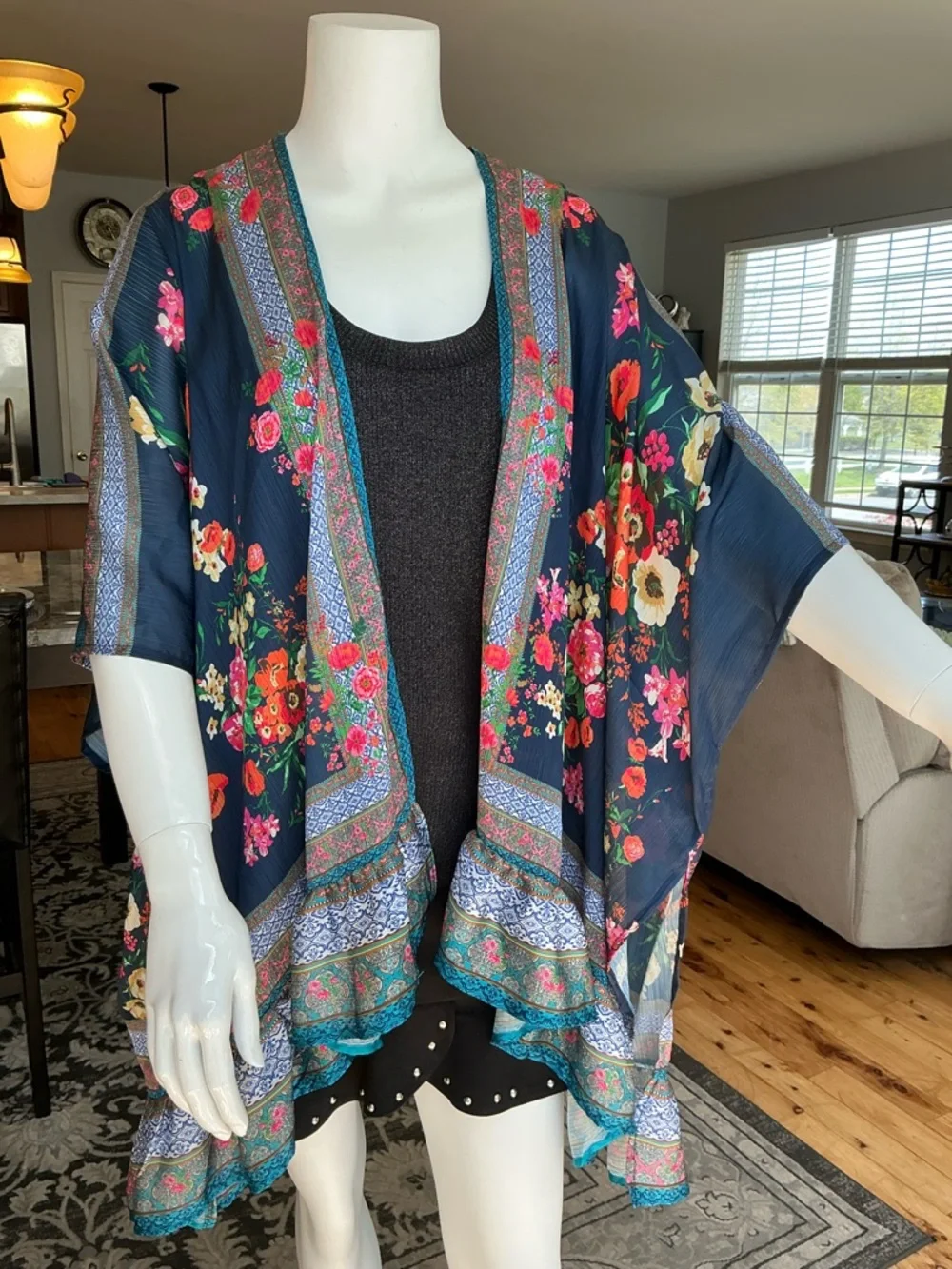 Umgee Boho Flowy Draped Ruffle Kimono Wrap Summer Relaxed Hippie Vibe SZ M/L